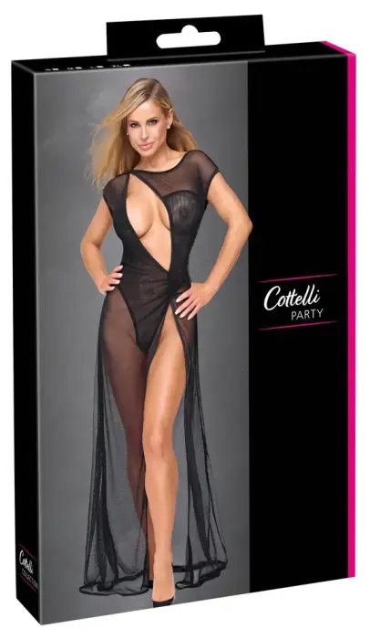 Cottelli Party – длинное сетчатое платье с узором муар и боди-стрингами – чёрное – S