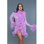 Короткий шифоновый халат Lux с отделкой из перьев – лавандовый – One Size — Фото 2