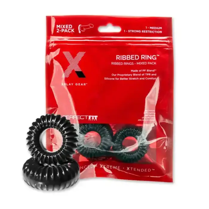 PF Blend Premium Stretch Ribbed Ring Slim – Cock Ring Set – Black