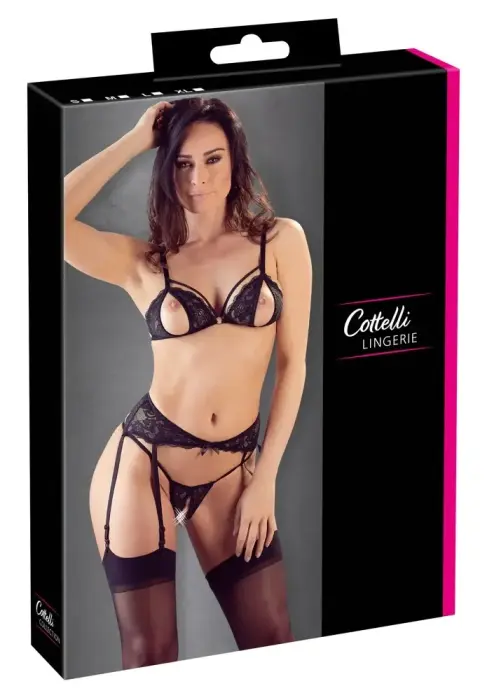 Cottelli Collection mežģīņu apakšveļas komplekts ar zeķturi – melns – L