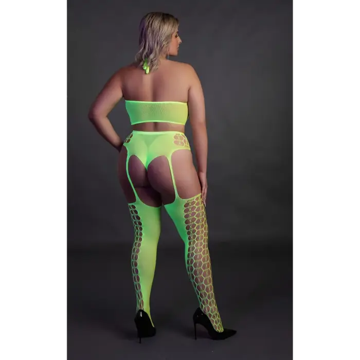 Two Piece Crop Top and Stockings Set – Neon Green – Plus Size Photo