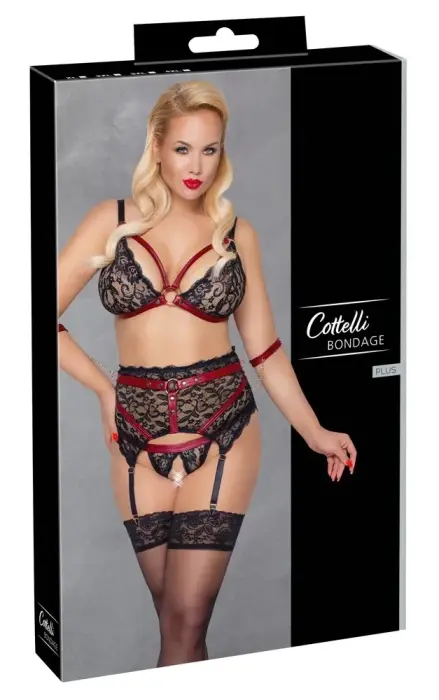 Cottelli Bondage комплект белья 4XL – чёрное кружево и красные акценты