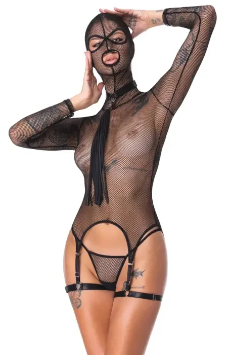 Bad Kitty Black Net Basque Set with Mask, Choker, and Flogger – S Photo