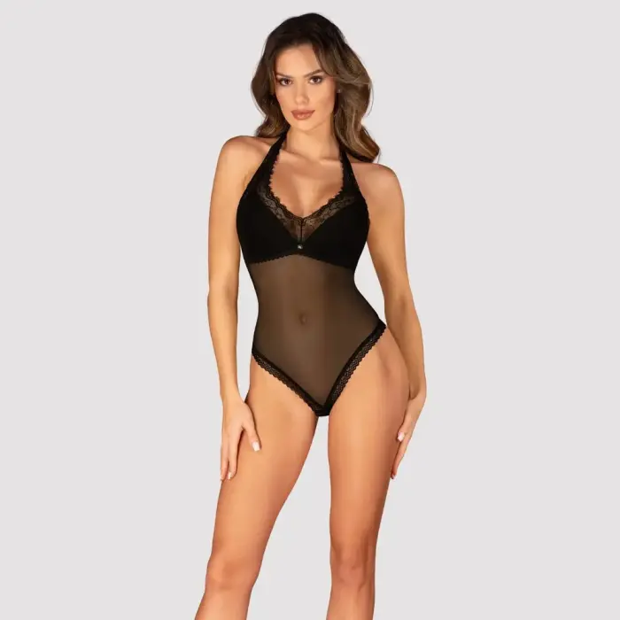 Obsessive Medilla Halterneck Bodysuit with Lace – Black – XS/S