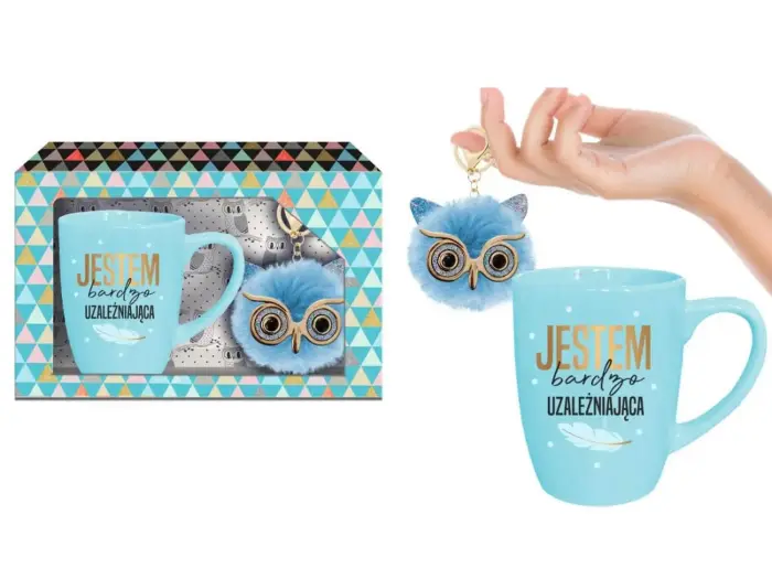 Pastel barrel mug 300 ml blue + owl keyring – "Jestem bardzo uzależniająca"