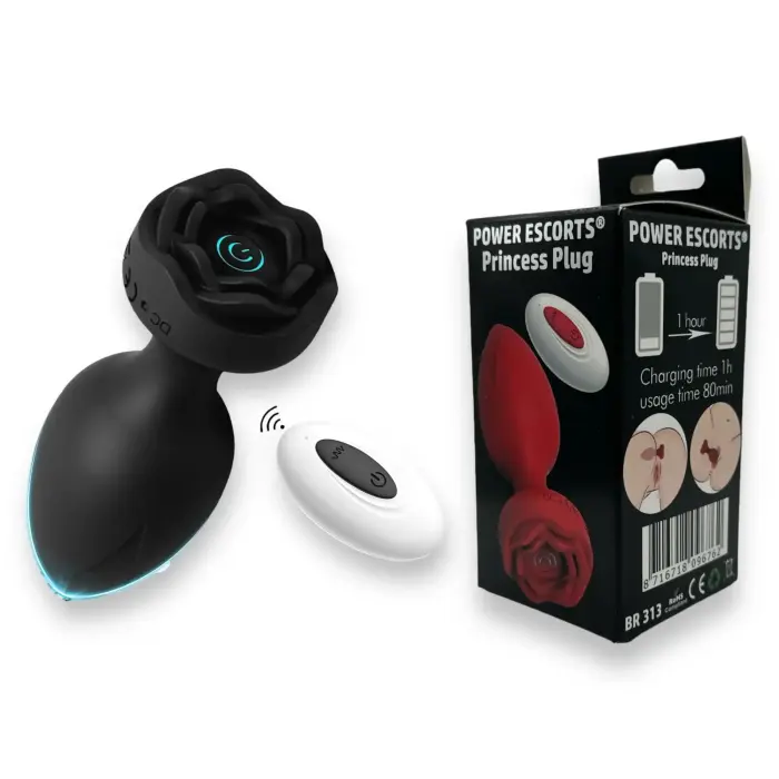 Power Escorts Princess Anal Plug with Remote Control and Rose Design – 10 Vibration Modes – 10.3 cm – Black