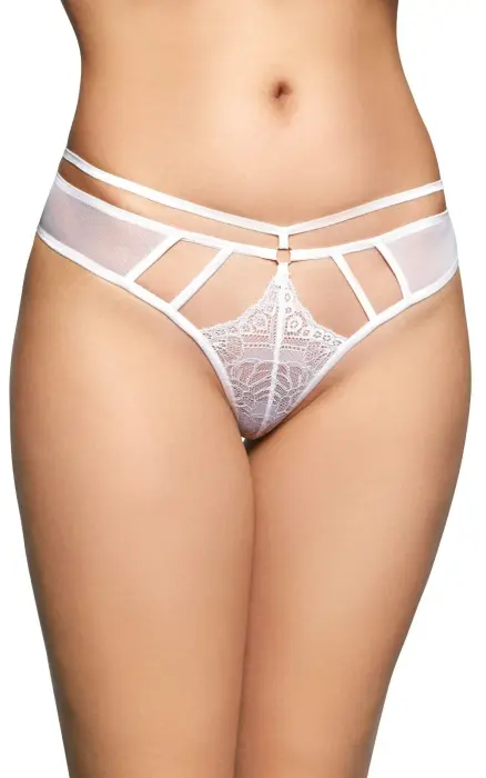 Transparent Mesh G-String with Cut-outs and Lace – White – S