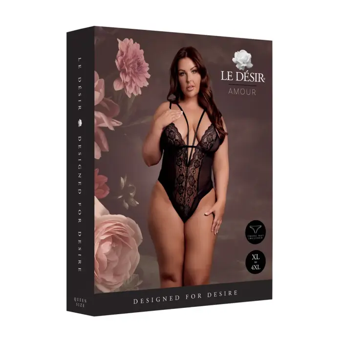 Wireless Lace Bodysuit with Adjustable Sliders – Black – Plus Size
