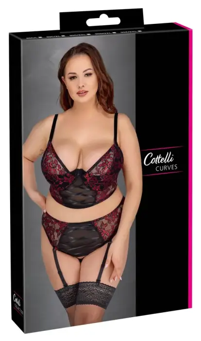 Cottelli CURVES длинный бюстгальтер и комплект стрингов с подвязками – чёрный/красный – 90C/XL