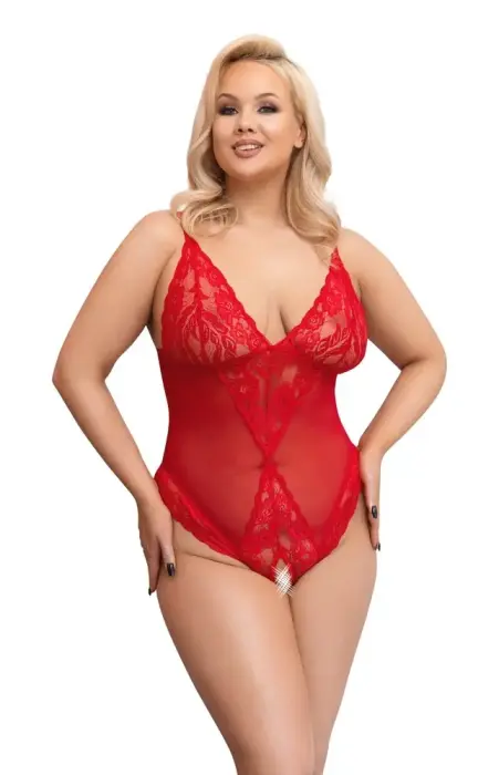 Cottelli CURVES Adjustable Lace Powernet Bodysuit – Red – 3XL
