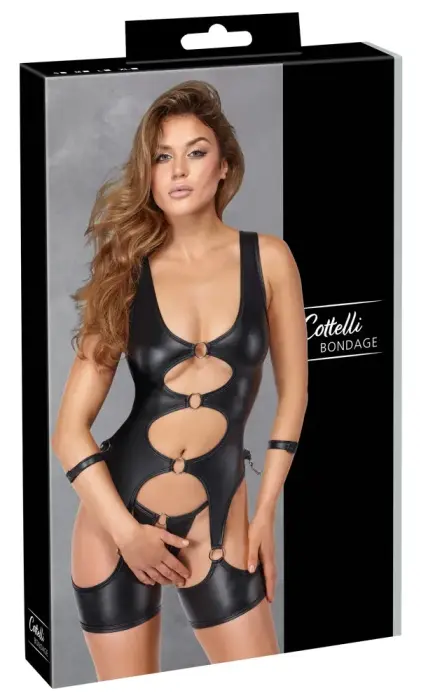 Cottelli Bondage Basque Set M – Black Matte Look, Adjustable Handcuffs
