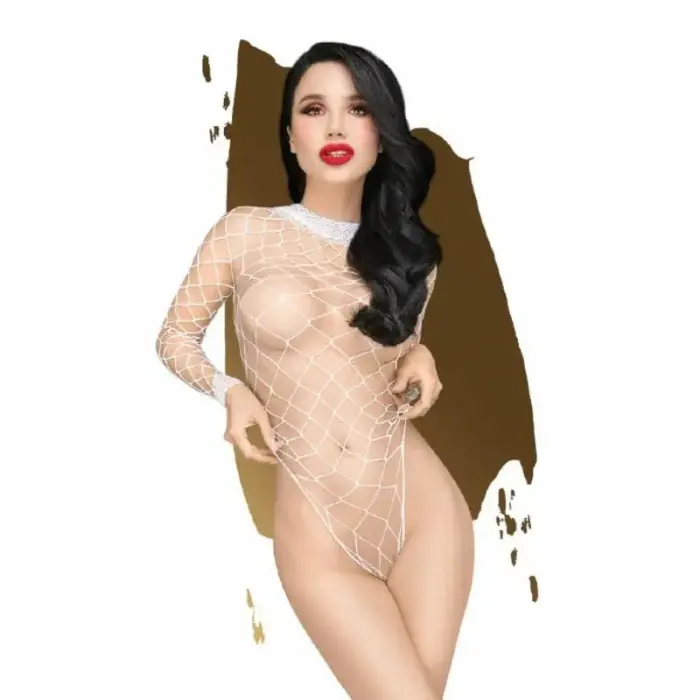 Penthouse Scandalous Teddy White XL - Mesh Bodysuit with Long Sleeves