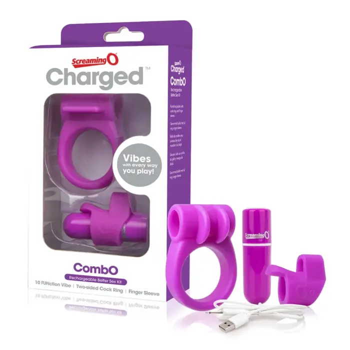The Screaming O Charged CombO Kit #1 – rechargeable bullet, ring & finger sleeve – purple