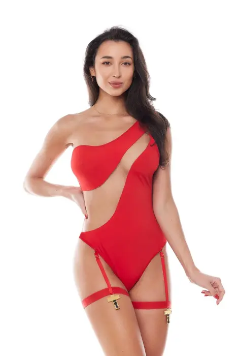 Kora One-Shoulder Bodysuit with Stocking Holders and Cross Details – Red – XS
