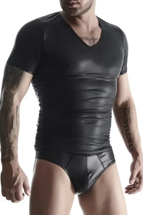 RFP Regnes Fetish Planet Wet Look V-Neck T-Shirt – Black – XL