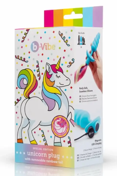 b-Vibe Unicorn Plug vibruojantis analinis kištukas su nuimama vaivorykštės uodega – M – spalvotas