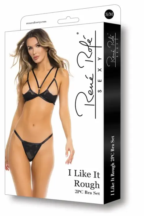 I Like It Rough – 2-piece bra and matching bottom set with floral applique and adjustable straps – black – size M/L