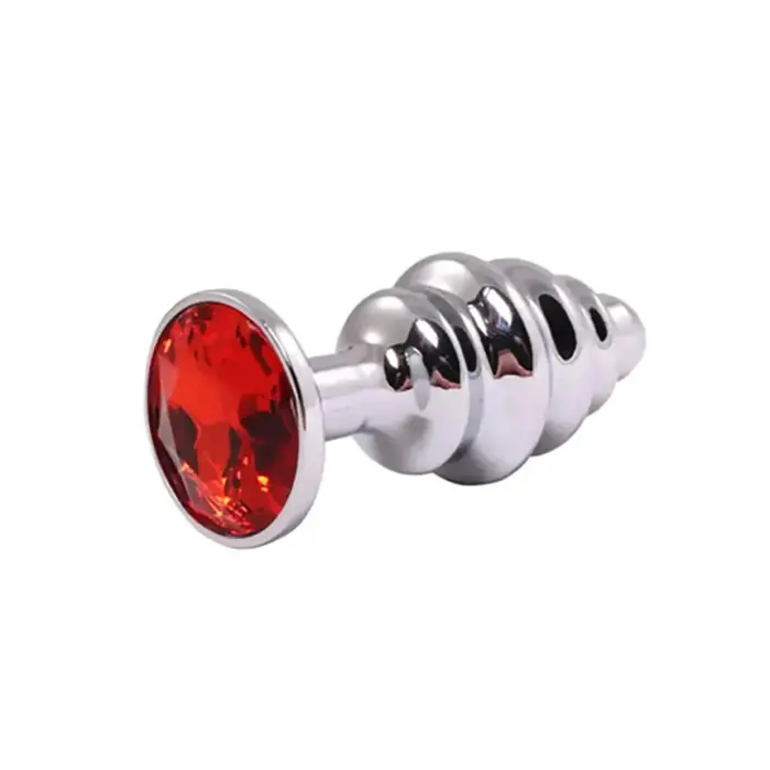 Silver Ribbed Butt Plug with Red Crystal – 12.5 cm (4.9″) – M