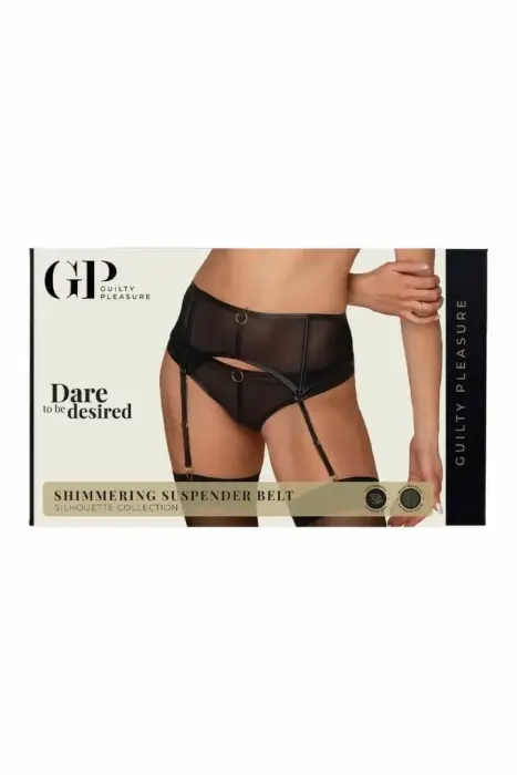 Guilty Pleasure Shimmering Suspender Belt – пояс для чулок с высокой талией из мерцающего меша с мягкими косточками – чёрный – Размер: S/M