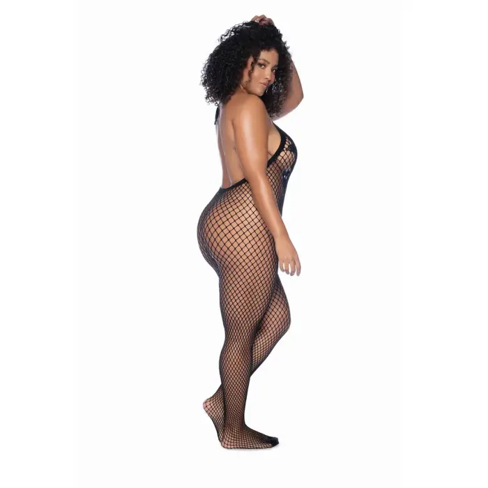Halter and Crotchless Floral Mesh Bodysuit – Black – Queen Size