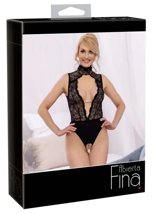 Abierta Fina Lace and Satin Bodysuit – Black – XL