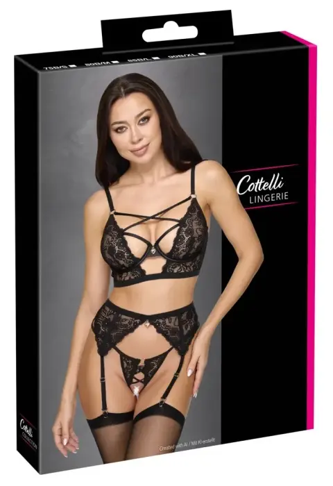 Cottelli LINGERIE – 3-piece underwired bra, suspender belt and string set – black floral lace – 75B / size S