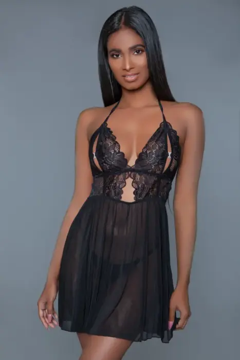 Be Wicked Cosette Babydoll Set Black L - Lace Design, Open Back