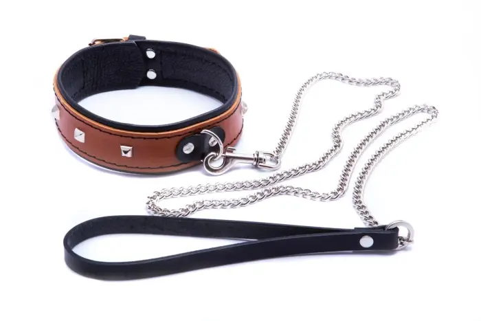 WHIPS Studded Leather Collar with Leash – Cognac