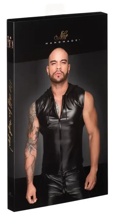 Noir Handmade – men's powerwetlook sleeveless hooded top with 2-way zip – black – L