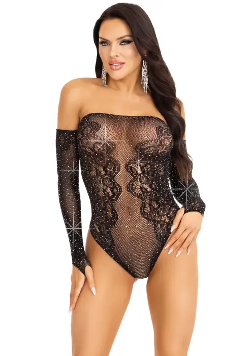 Rhinestone Off The Shoulder Teddy – Black – One Size