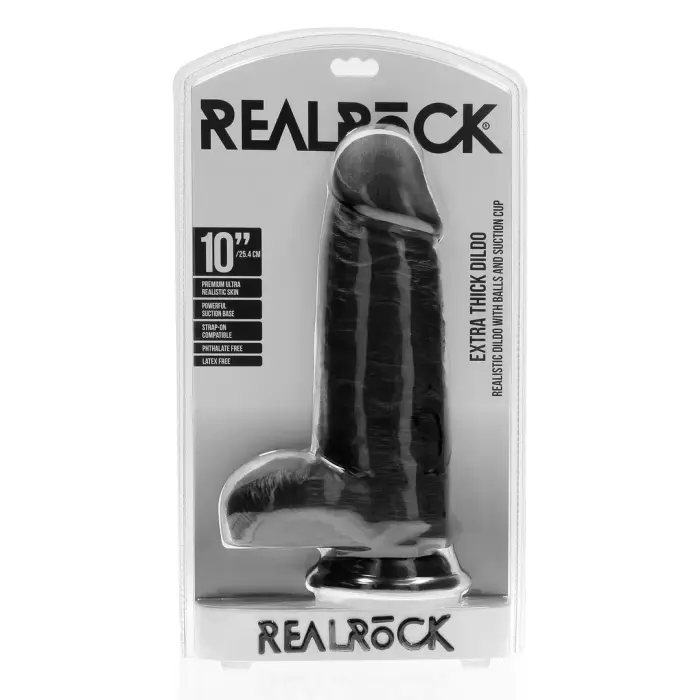 Eriti paks sirge dildo munanditega – 25.4 cm (10″) – Must