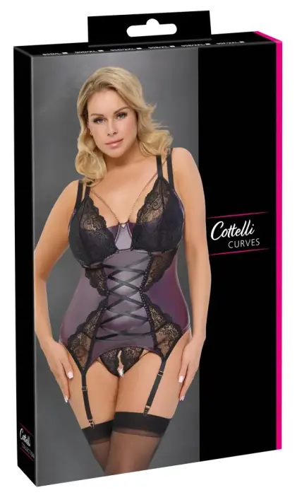 Cottelli CURVES korsetikomplekt avatud stringiga – lilla – 2XL