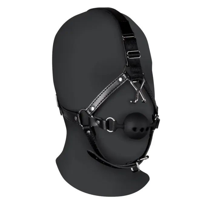 Shots Ouch! Adjustable Leather Head Harness with Breathable Ball Gag – Black