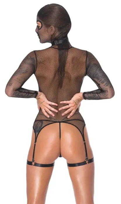 Bad Kitty Black Net Basque Set with Mask, Choker, and Flogger – S Photo