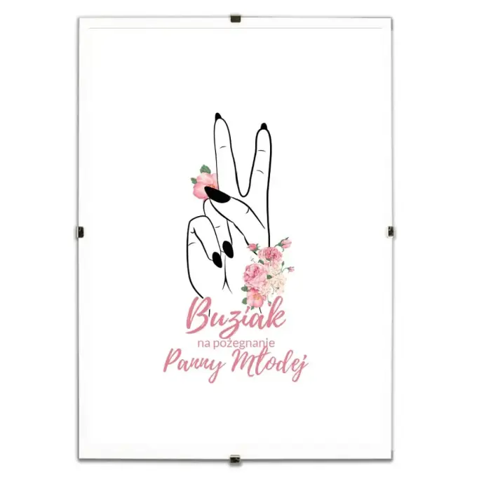 Pamiątkowy biały plakat "Buziaki na pożegnanie Panny Młodej" w antyramie. Photo