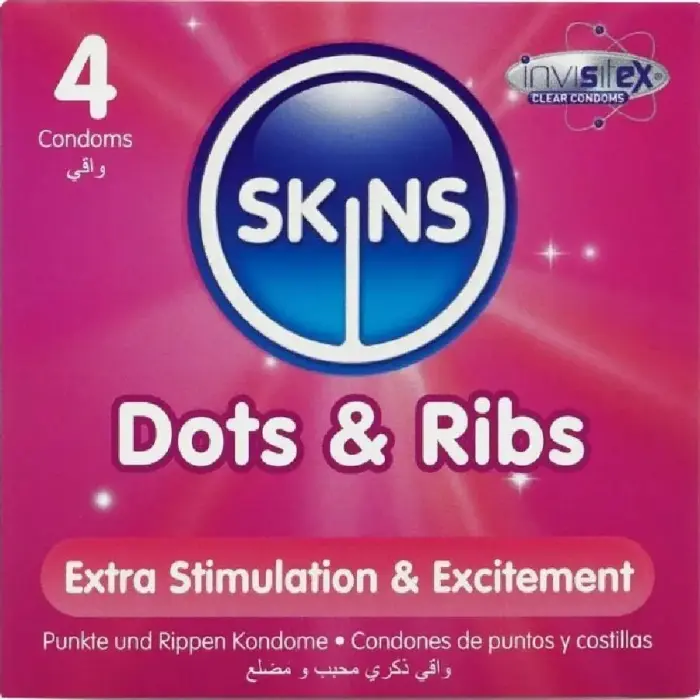 SKINS Dots & Ribs esmaklassilised tekstuuriga latekskondoomid – 4 tk – vanilje