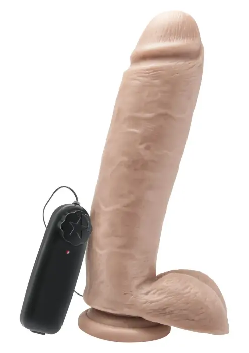 Vibrējošs reālistisks dildo ar sēkliniekiem – 25.5 cm (10″) – miesas krāsa
