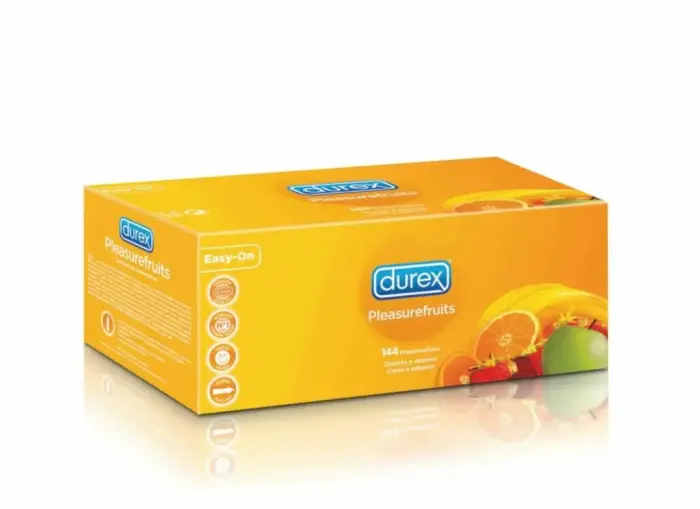 Durex Pleasurefruits prezervatīvi ar garšām, dažādi – 144 gab.