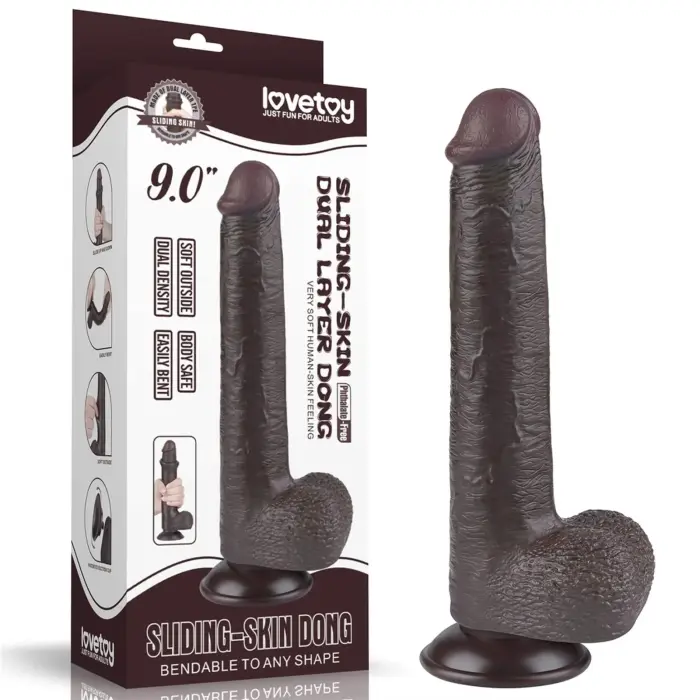 LoveToy Sliding Skin Dual Layer Dong – реалистичный двухслойный фаллоимитатор – TPE – чёрный – 22,9 см