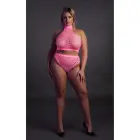 Neon rozā augstās apkakles topiņa un biksīšu komplekts – Plus size Foto 3