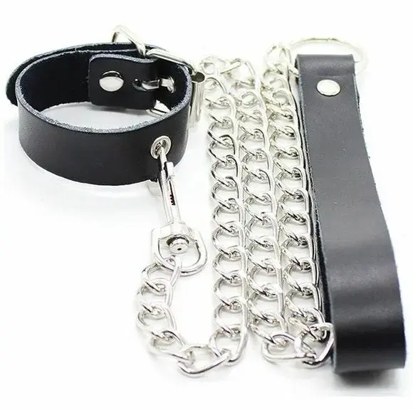 OHMAMA Fetish Leather Collar with Metal Chain and Playful Pendant – Black