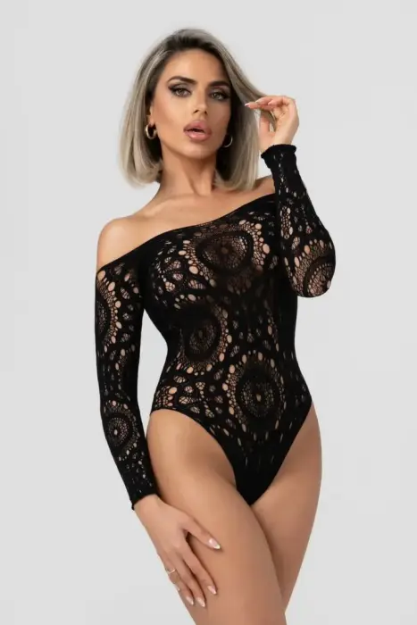 Christine Seduction – lace & mesh long sleeve bodysuit – black