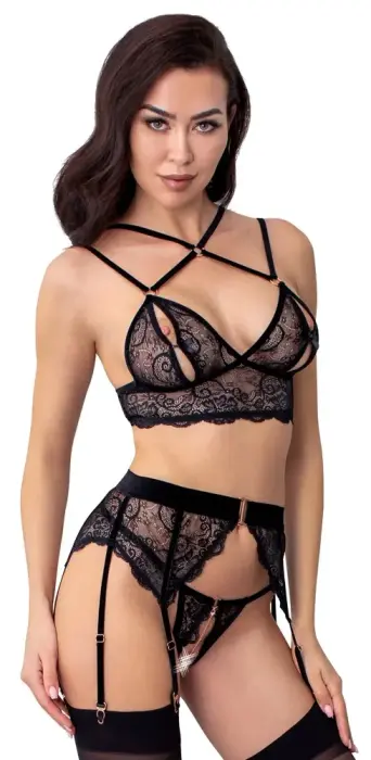 Abierta Fina mežģīņu krūštura komplekts ar zeķturiem un stringiem bez starpkauna – melns – M Foto 3