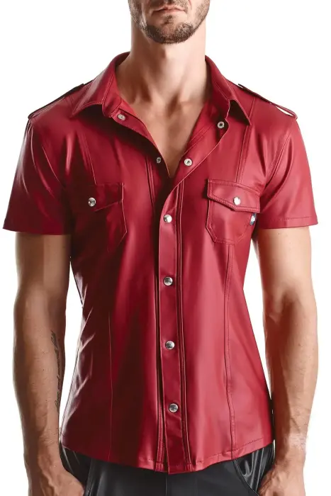 RMCarlo001 Military Style Shirt with Metal Studs – Red – M
