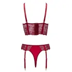Cottelli LINGERIE mežģīņu garais krūšturis un stringi ar zeķturiem un ķēdēm – tumši sarkans – L — Foto 8