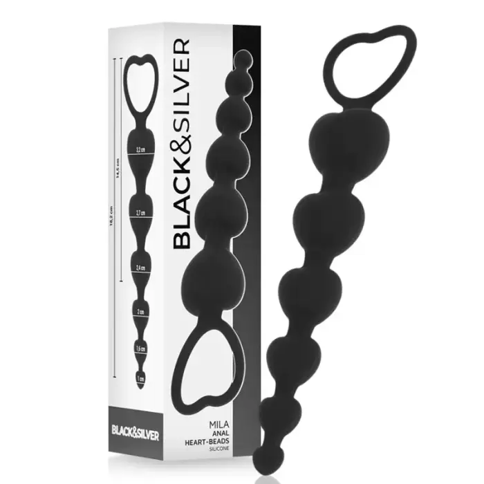 BLACK&SILVER Mila silikona sirds anālo bumbiņu ķēde – 18 cm – Melns