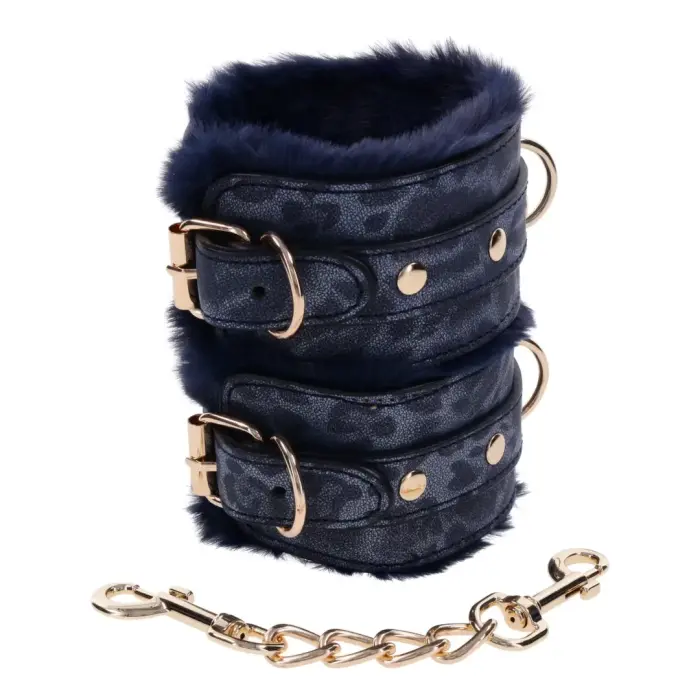 Sportsheets Cougar Blue Faux Fur Handcuffs with Gold Hardware Adjustable