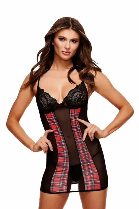 Teachers Pet Schoolgirl Chemise – kletcvatoe kruzhevnoe beljo s reguliruemymi bretelkami – krasnoe – S/M