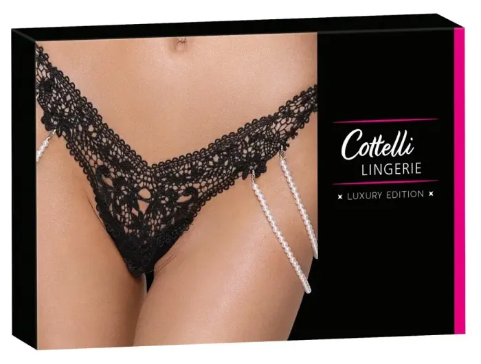 Cottelli LINGERIE String with Removable Pearl Chains – Black Lace – M/L