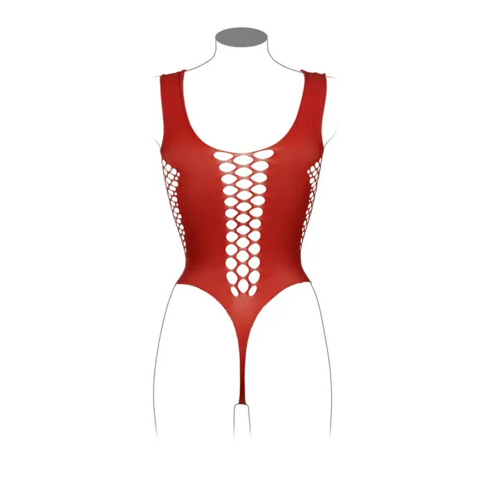 Bodijs ar dziļu V-izgriezumu un necaurspīdīgiem dekoriem – sarkans – One Size Foto 10